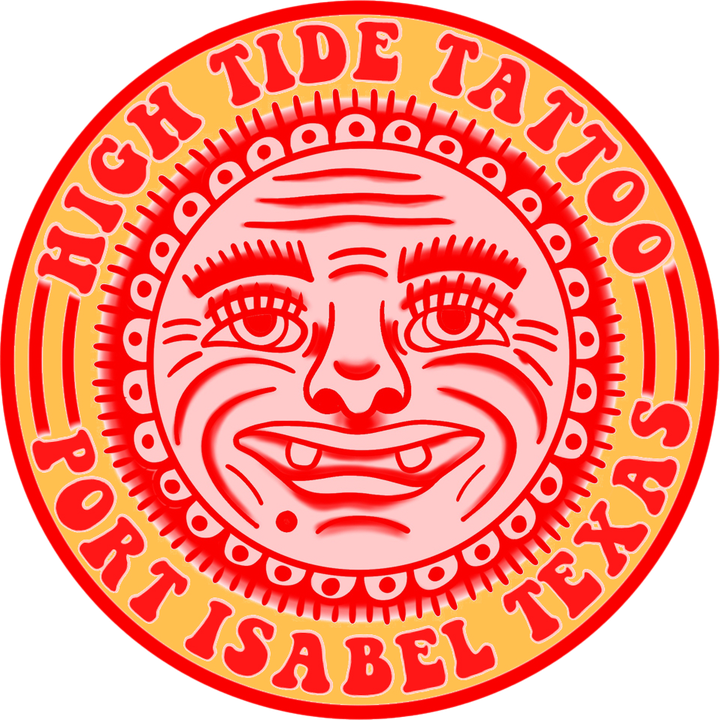 High Tide Tattoo, Port Isabel Texas: a smiling sun face inside a red and gold circle